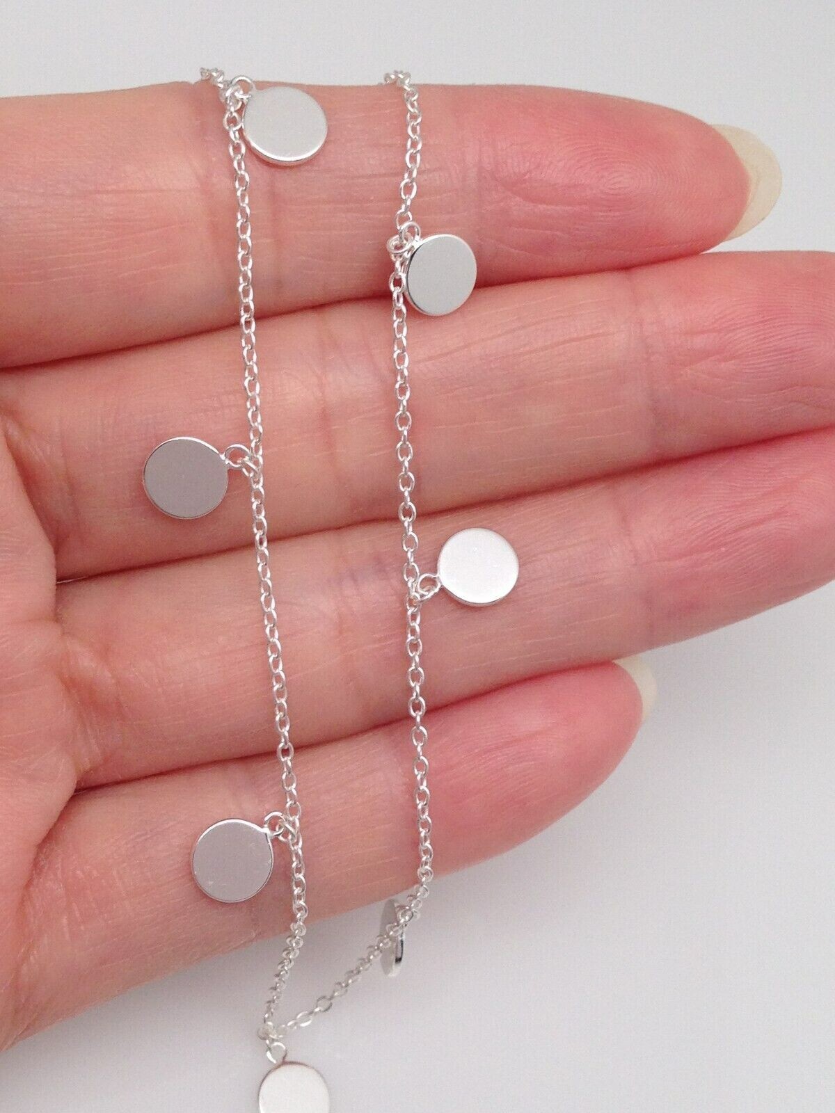 Plain Silver Disc Charm Station Choker Necklace 925 Sterling Silver 5.5mm 15.75″