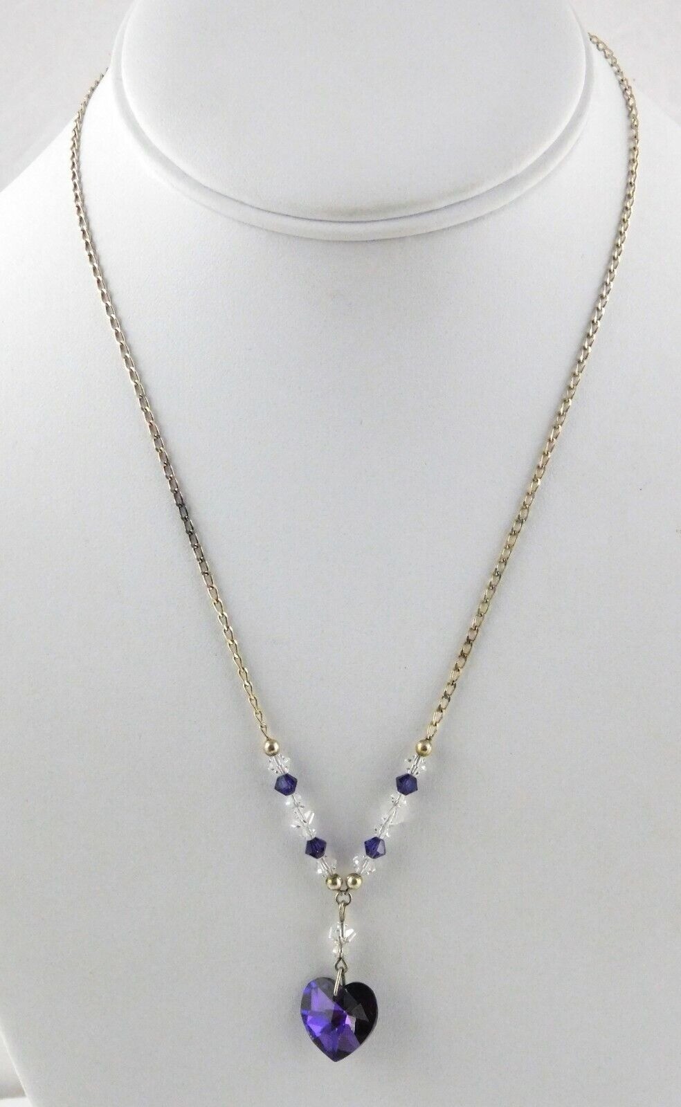 Sterling Silver Purple Crystal Rhinestone Heart Pendant Necklace 17.5 Inches 5g
