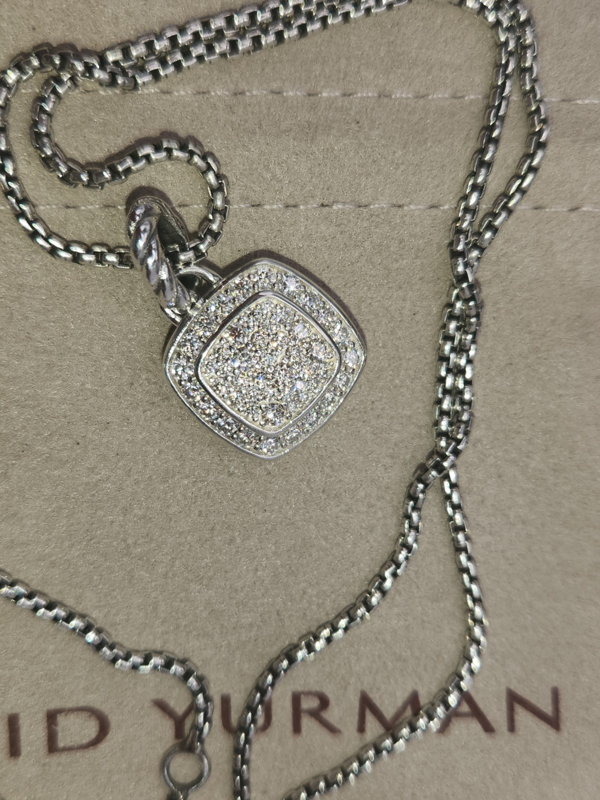 David Yurman 925 Sterling Silver Pavé Diamond Square albion 14mm Necklace 20″