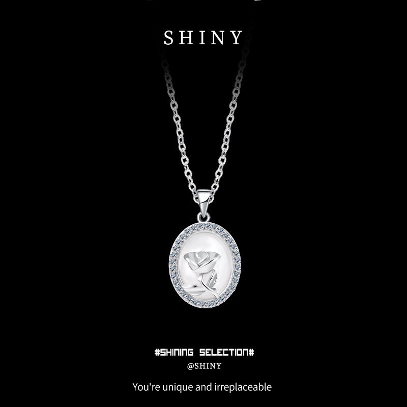 S925 Silver Oval Rose Pendant Necklace MOP Moissanite Korean Dainty Women Chain