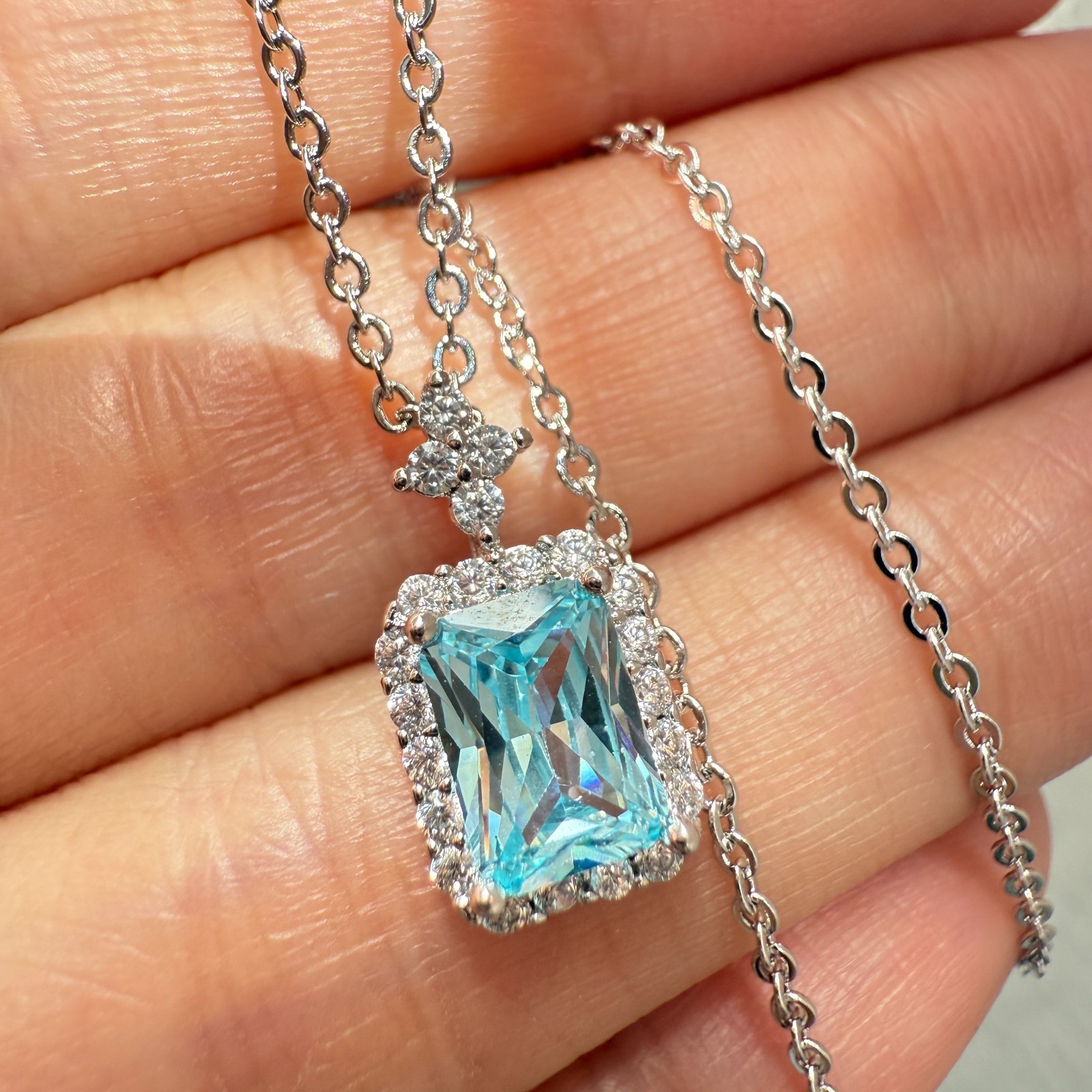925 Sterling Silver Necklace 7x5mm Natural Aquamarine Birthstone Flower Chain