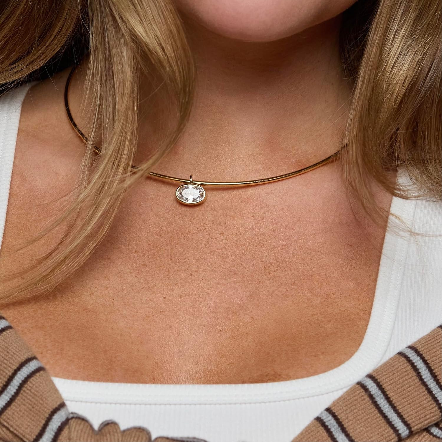 18K Gold Oval Bezel Collar Charm Necklace and Charms | Choker Pendant Necklace &