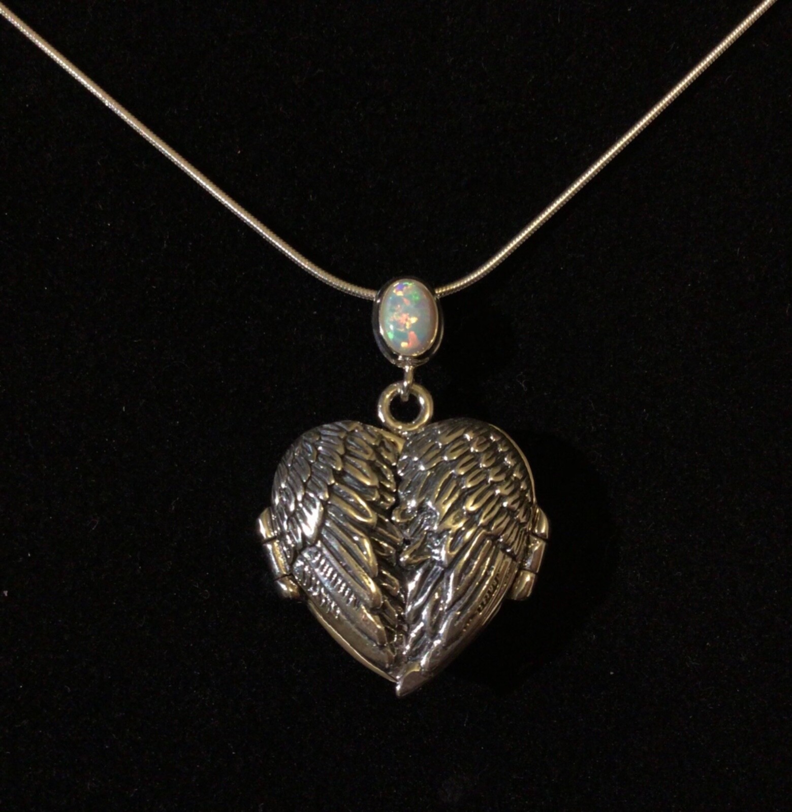 Sterling Silver Fire Opal guardian angel wings Love Heart photo Prayer locket