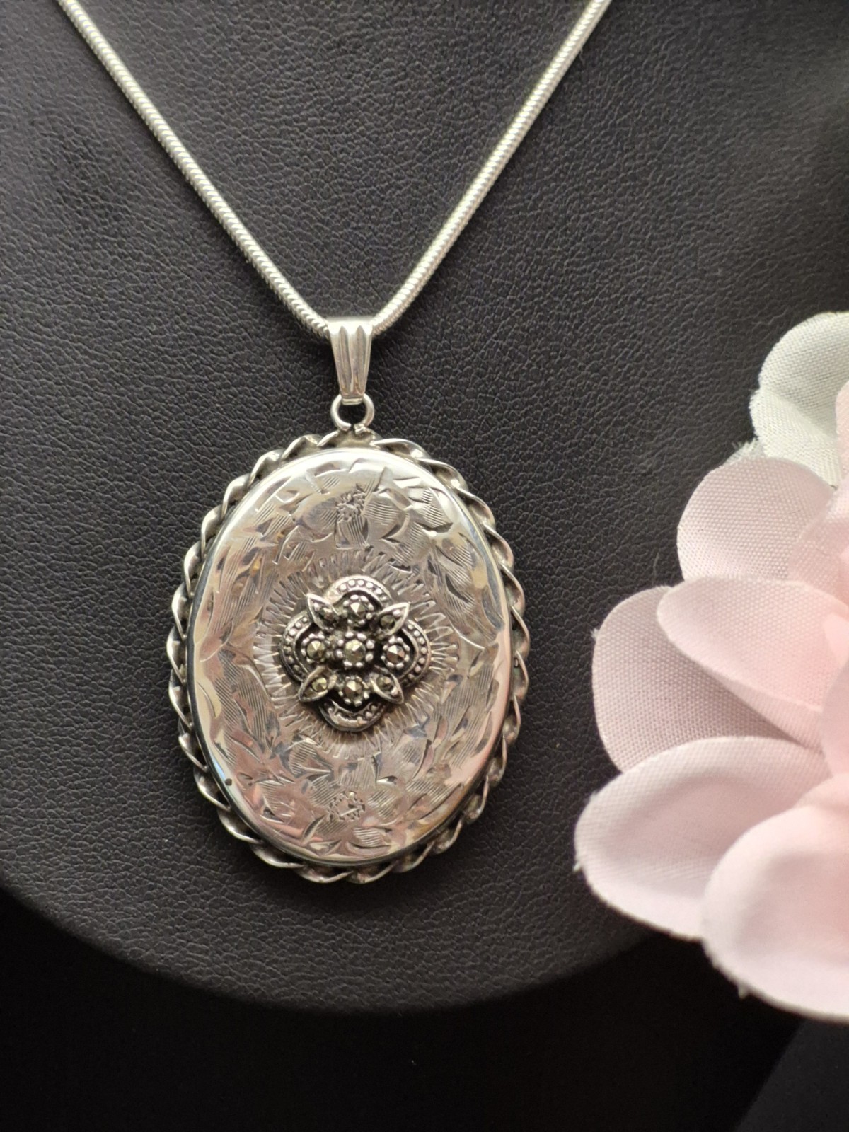LOCKET – Fully Hallmarked Sterling Silver and Marcasite Double Photo Locket.