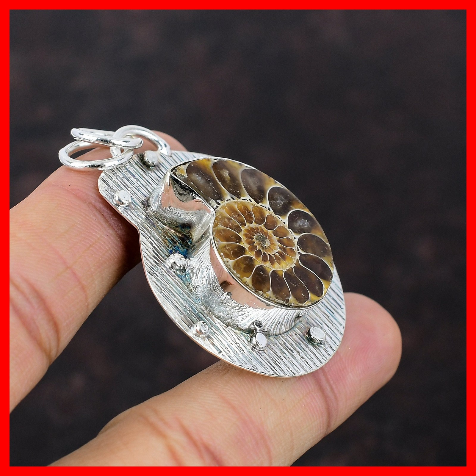 925 Sterling Silver Pear Ammonite Fossil Gemstone Handmade Anniversary Pendant