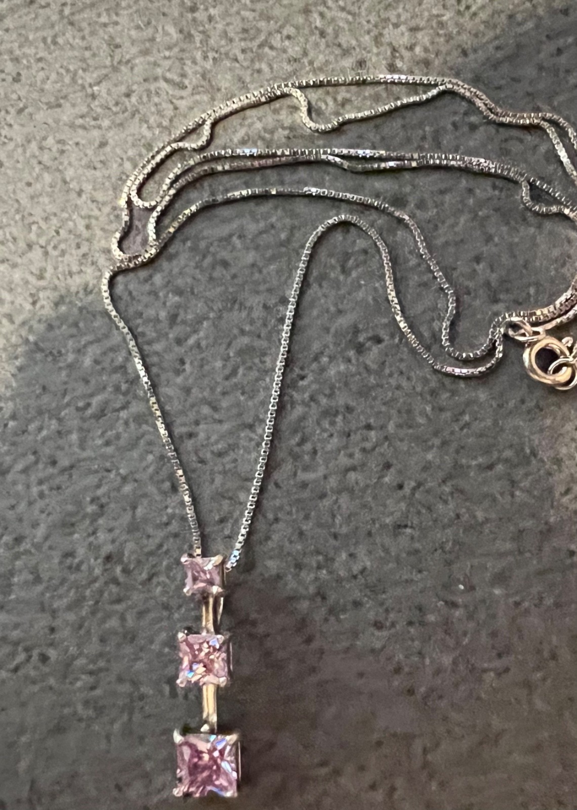 Pretty Sterling Pendant/Necklace w/ 3 Pink Stones on 20” Box Chain Excellent!