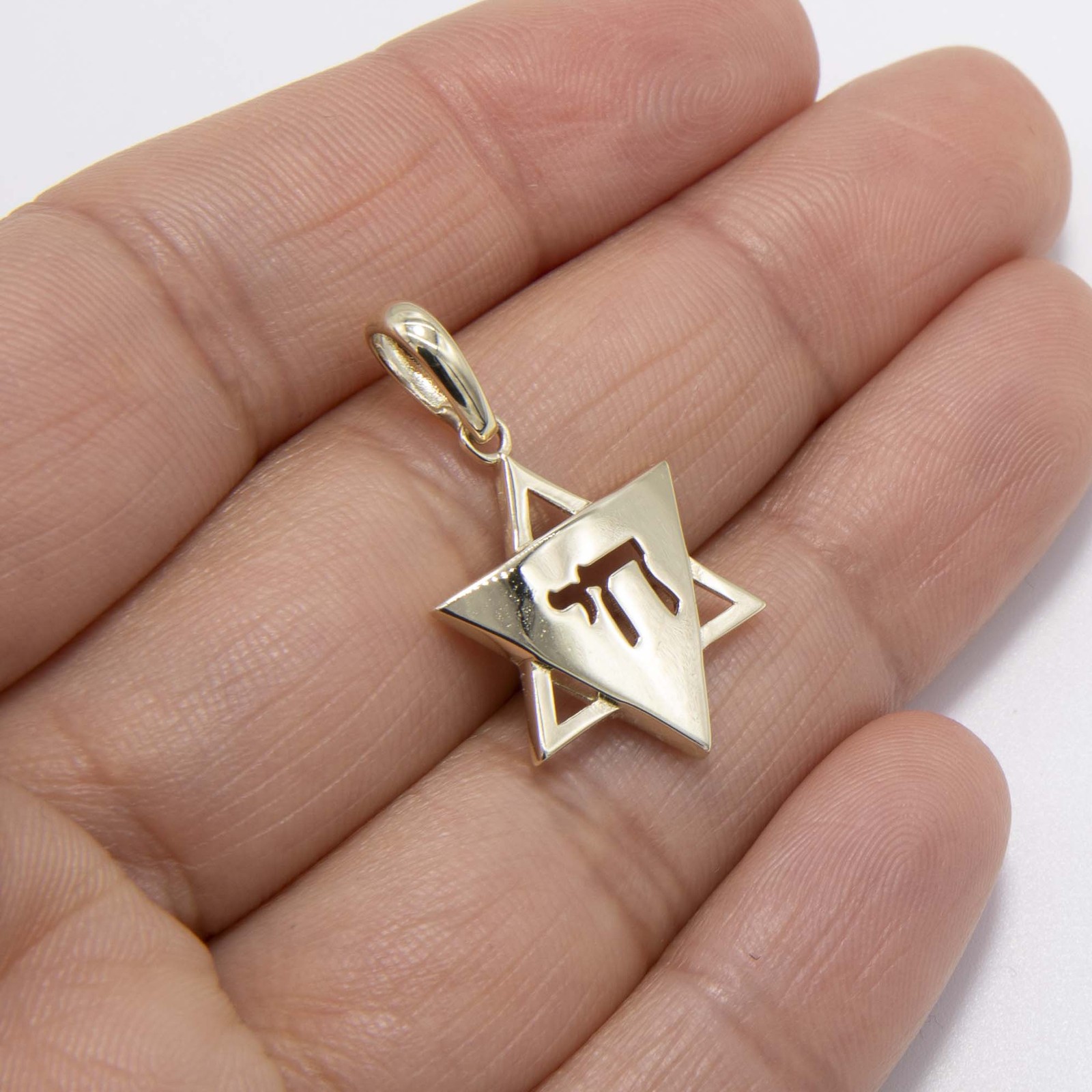 10K Yellow Gold 1 1/4″ Shiny Star of David with Chai Pendant