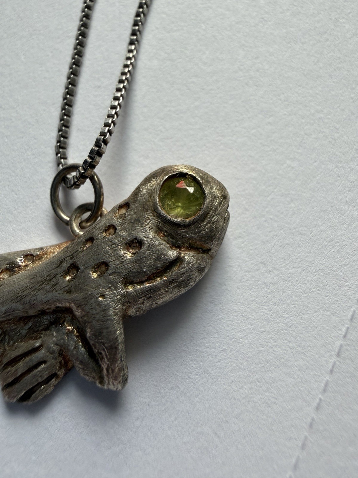 Handmade Sculpted Art Clay Silver & Peridot Gem Tadpole Pendant Charm