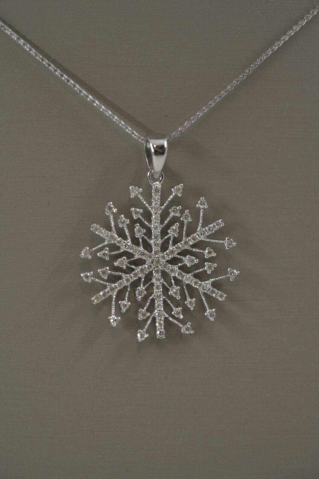 0.55CTW Diamond Snowflake Necklace 14 Karat White Gold 18″ Wheat Chain 32 x 25MM