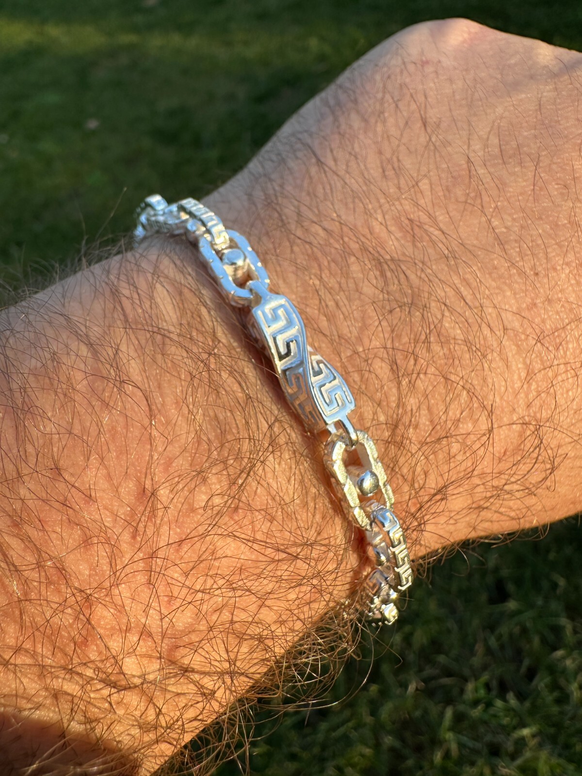Real 7mm 925 Sterling Silver Custom Greek Key Hermes Rolo Link Chain Bracelet