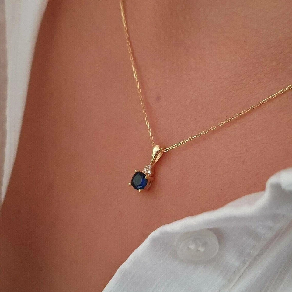 1.0Ct Round Cut Blue Sapphire Diamond Lab Created Pendant 14k Yellow Gold Plated