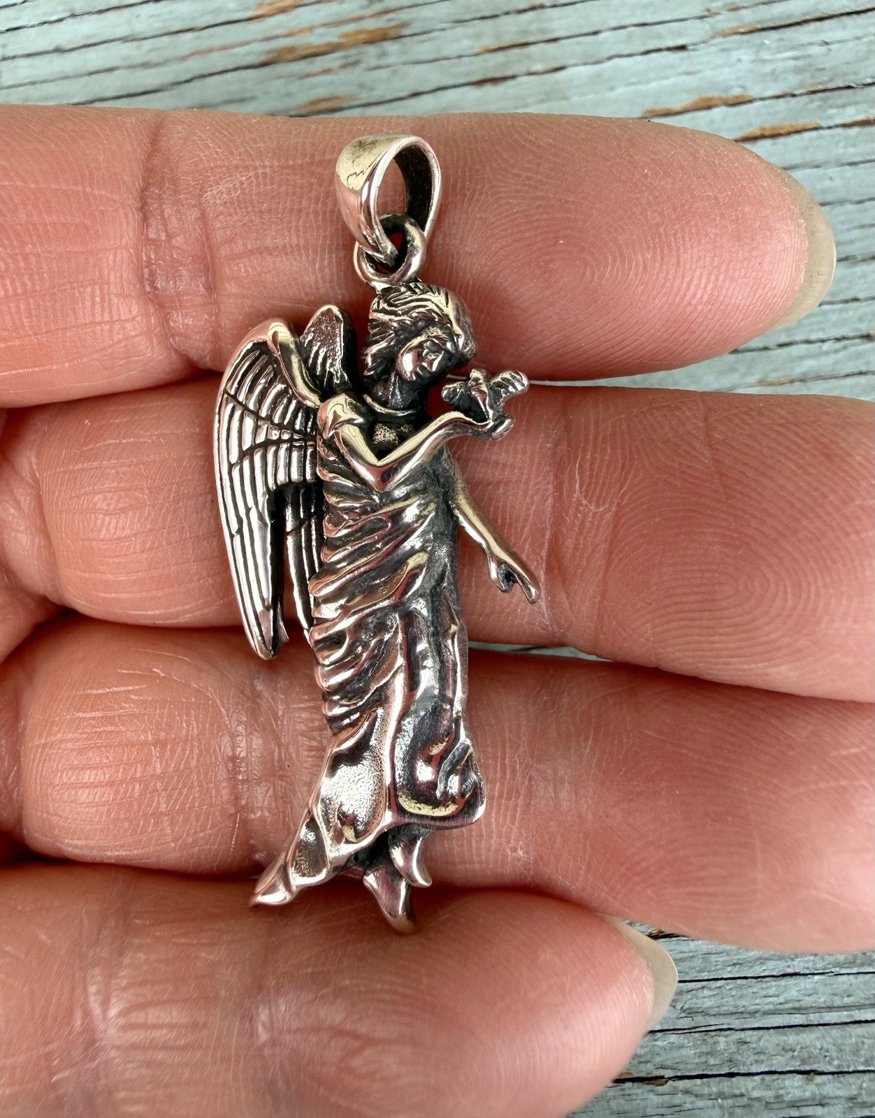 Heavy Sterling Silver 925 Guardian Angel Holding A Bird Pendant For Necklace 2”