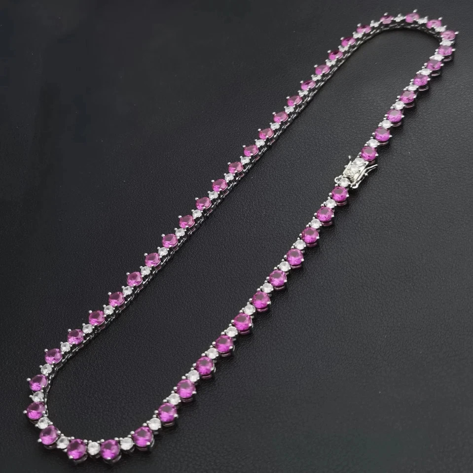 18TCW Round Lab Created Sapphire & Diamond Tennis Necklace 925 Sterling Silver
