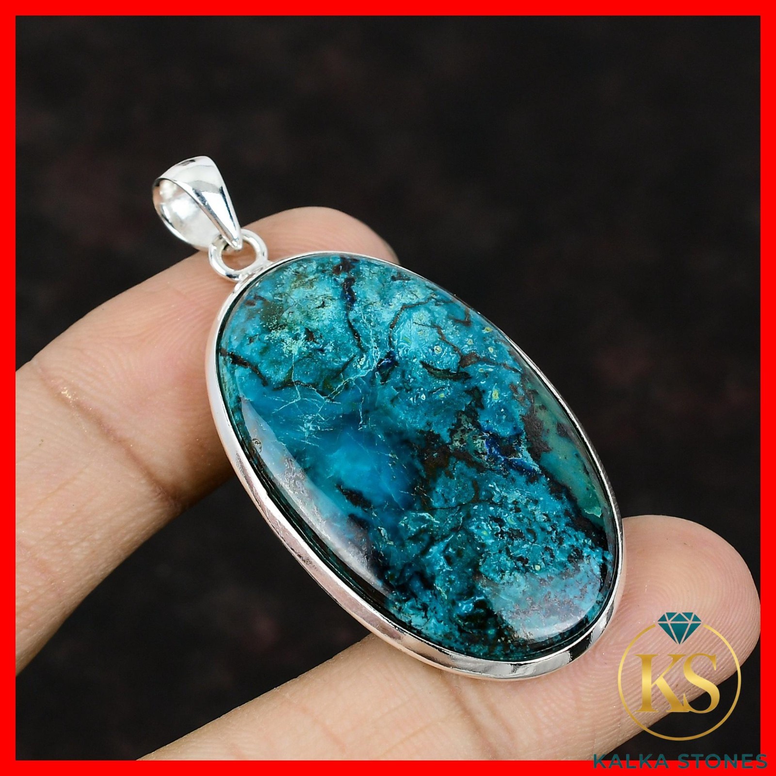 925 Sterling Silver Oval Chrysocolla Gemstone Throat Chakra Wife Pendant Jewelry