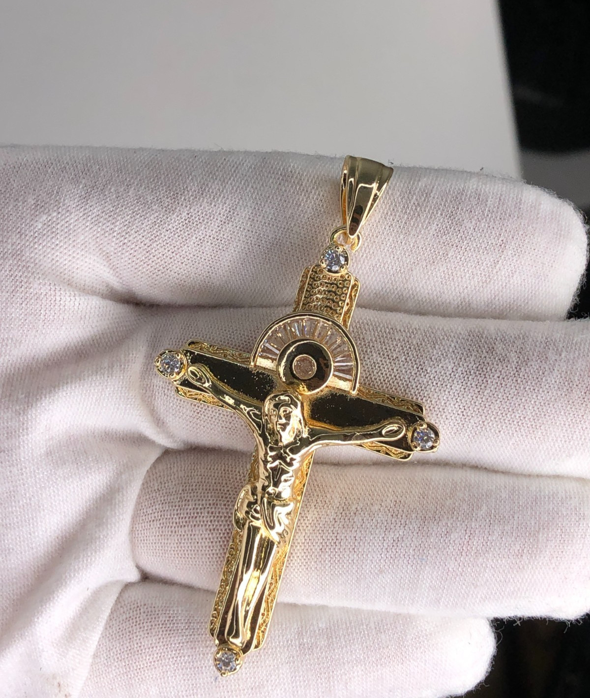 2 in Big Iced CZ Italian 1/200 14k Yellow Gold Oro Jesus Crucifix Cross Pendant