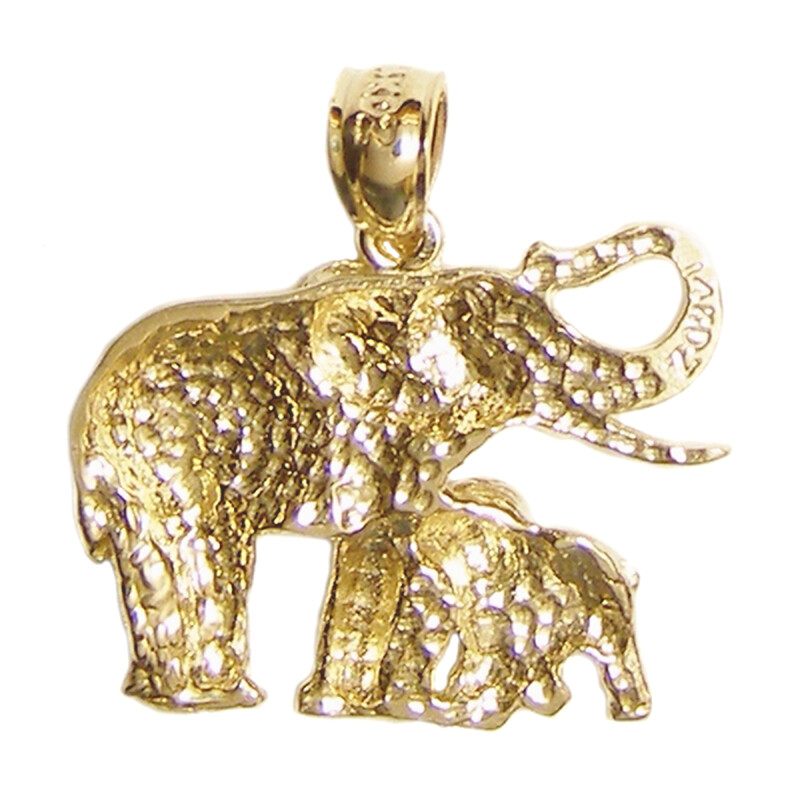 New 14k Yellow Gold Elephant With Calf Pendant