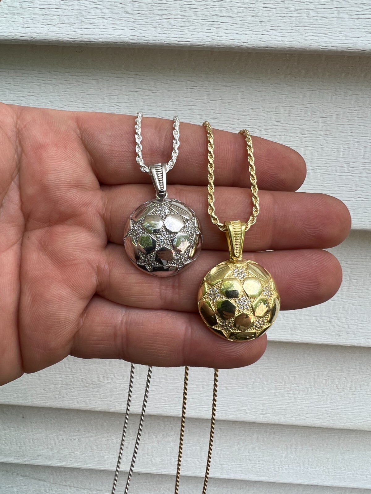 Real 925 Silver 14k Gold Plated Soccer Ball Futbol Star Pendant Necklace Icy CZ