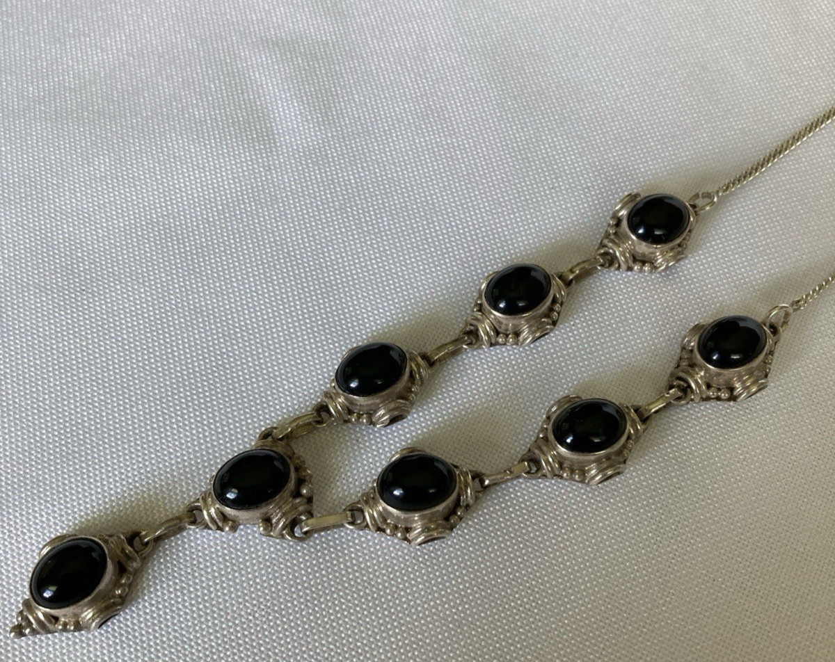 Pendant Necklace Sterling Silver with Black Stones Made in India New