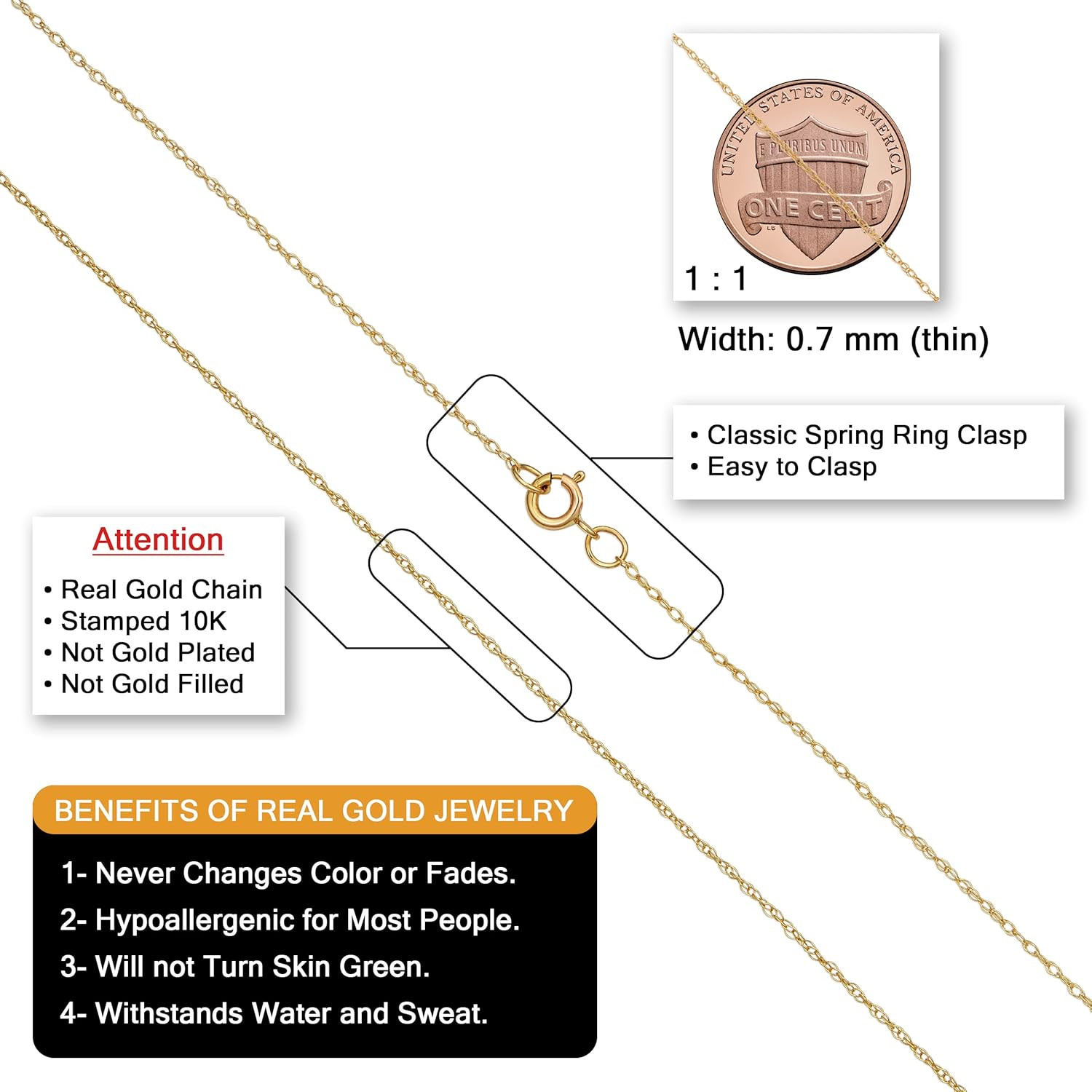 Womens Classic Rope Chain – 10K Yellow Gold Barely-There Necklace, Thin Lightwei