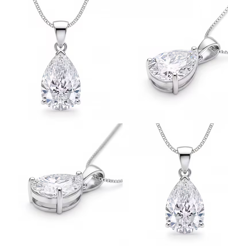 RARE 4.50Ct Treated Pear Shape White Diamond Solitaire Pendant in 925 Silver