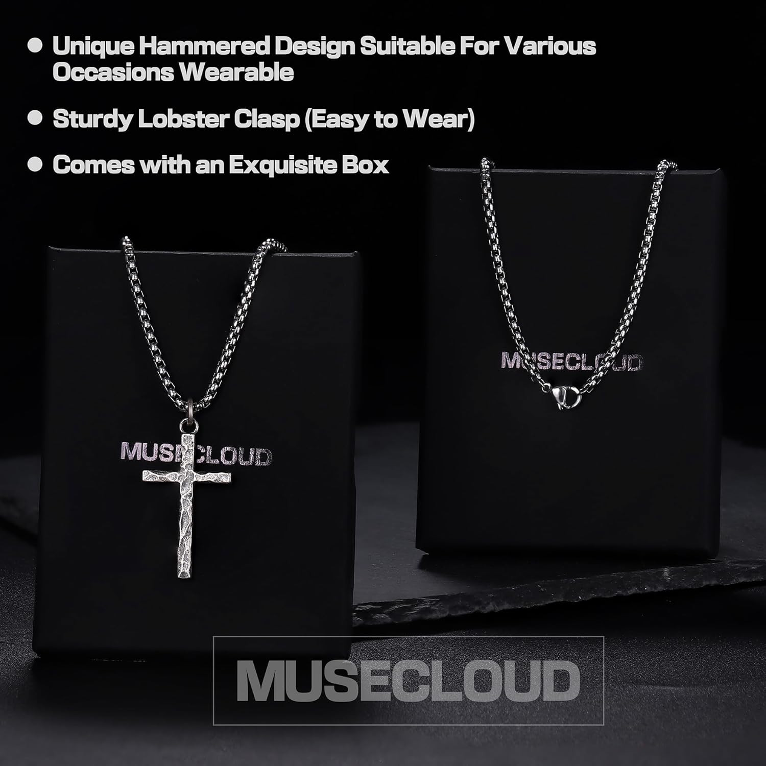 925 Sterling Silver Cross Necklace Men – Oxidized Hammered Cross Pendant with St