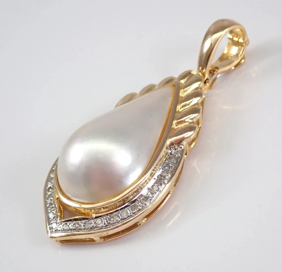 Vintage 14K Yellow Gold Plated Pearl and Moissanite Enhancer Pendant Free Chain