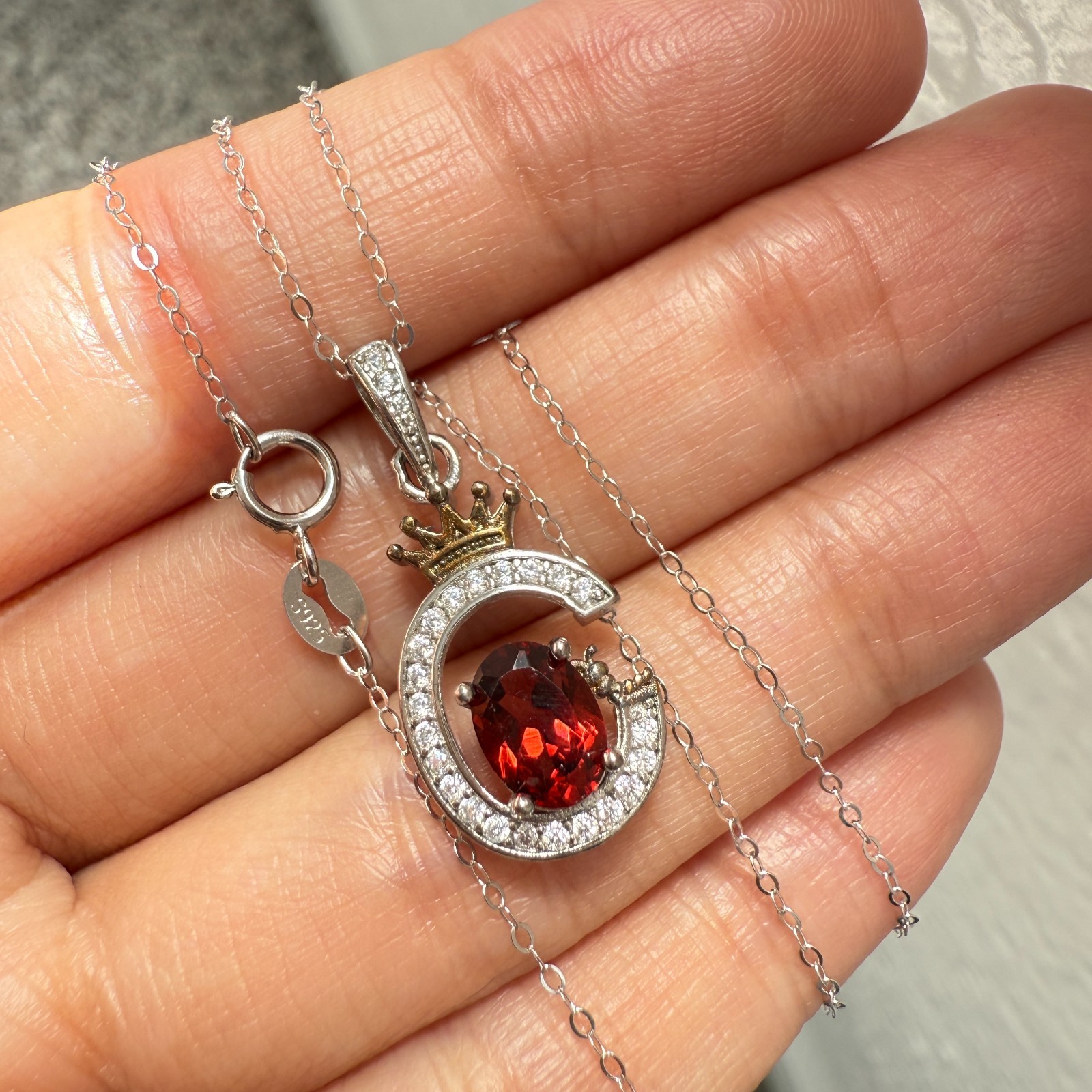 925 Sterling Silver Necklace 7x5mm Natural Garnet Zircon Crown Handmade Chain