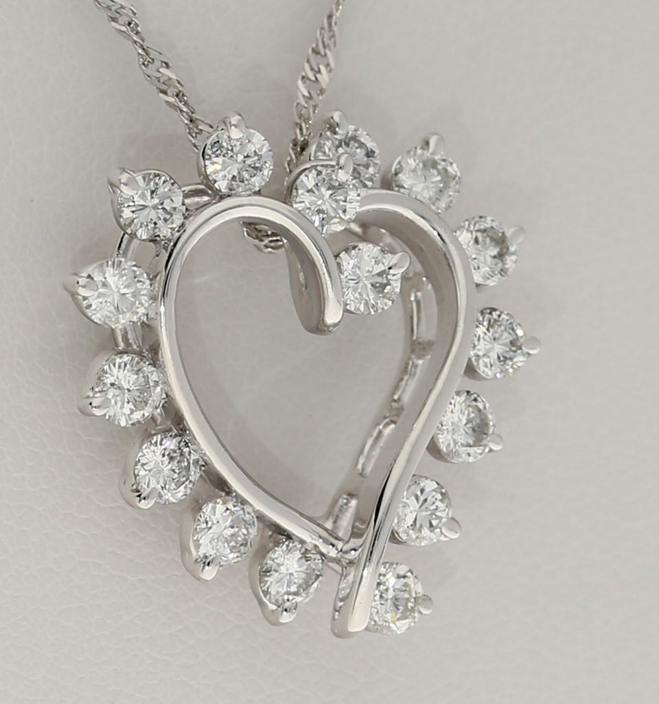 Diamond Heart Pendant Necklace 1.45CT 14K WG 18” Chain