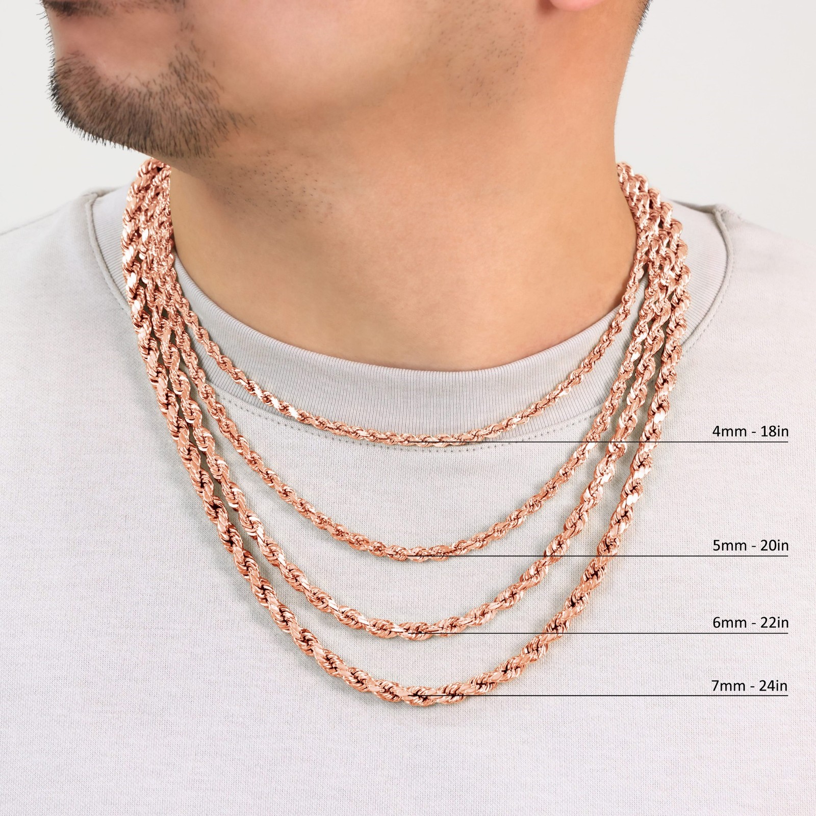 10K Rose Gold 1.5mm-6mm Diamond Cut Rope Chain Necklace Mens Womens 16″-30″