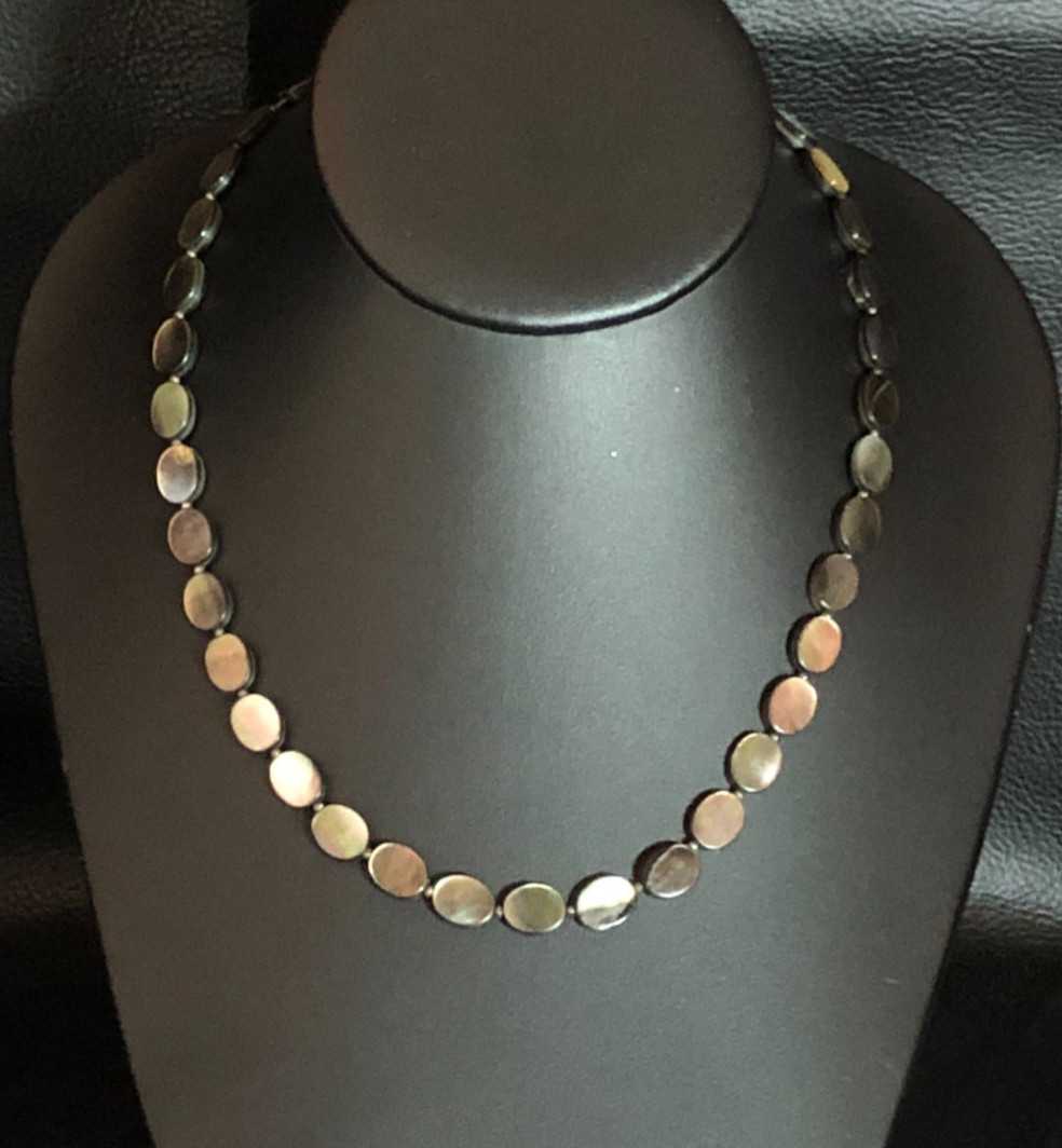 Natural Tahitian Mother of Pearl Gemstone Bead Strand Necklace 925 Silver 6120