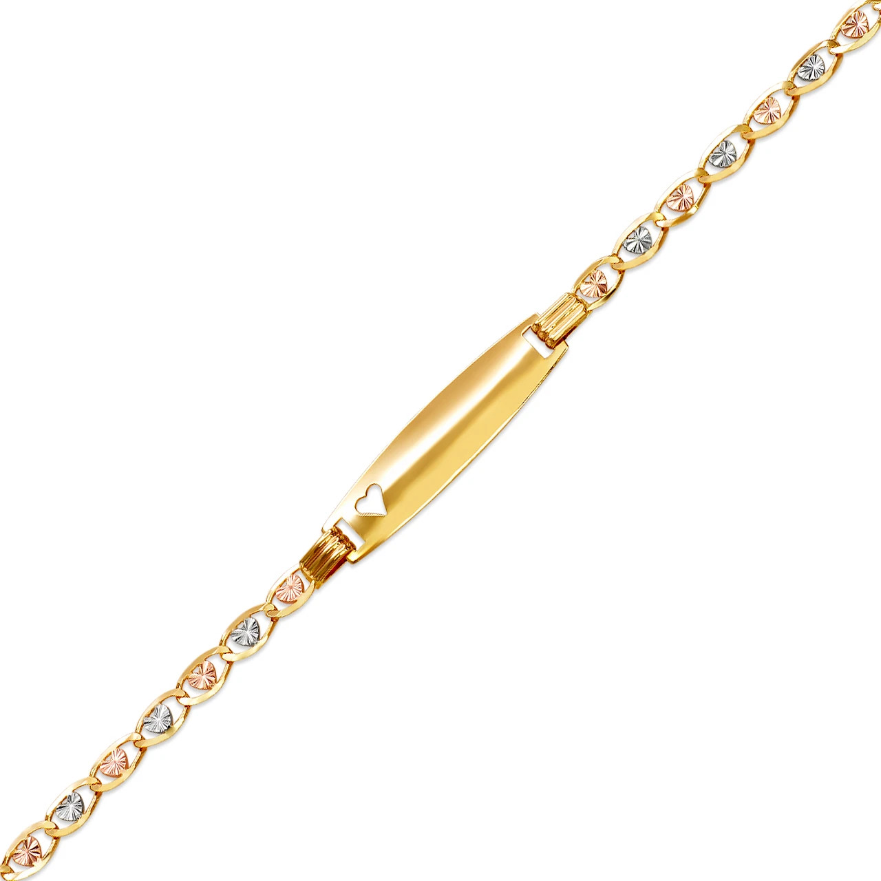 14K Tri Color Gold Kids Love Heart ID Bracelet 6.7mm/3.5mm 6″ Engraving Availabl