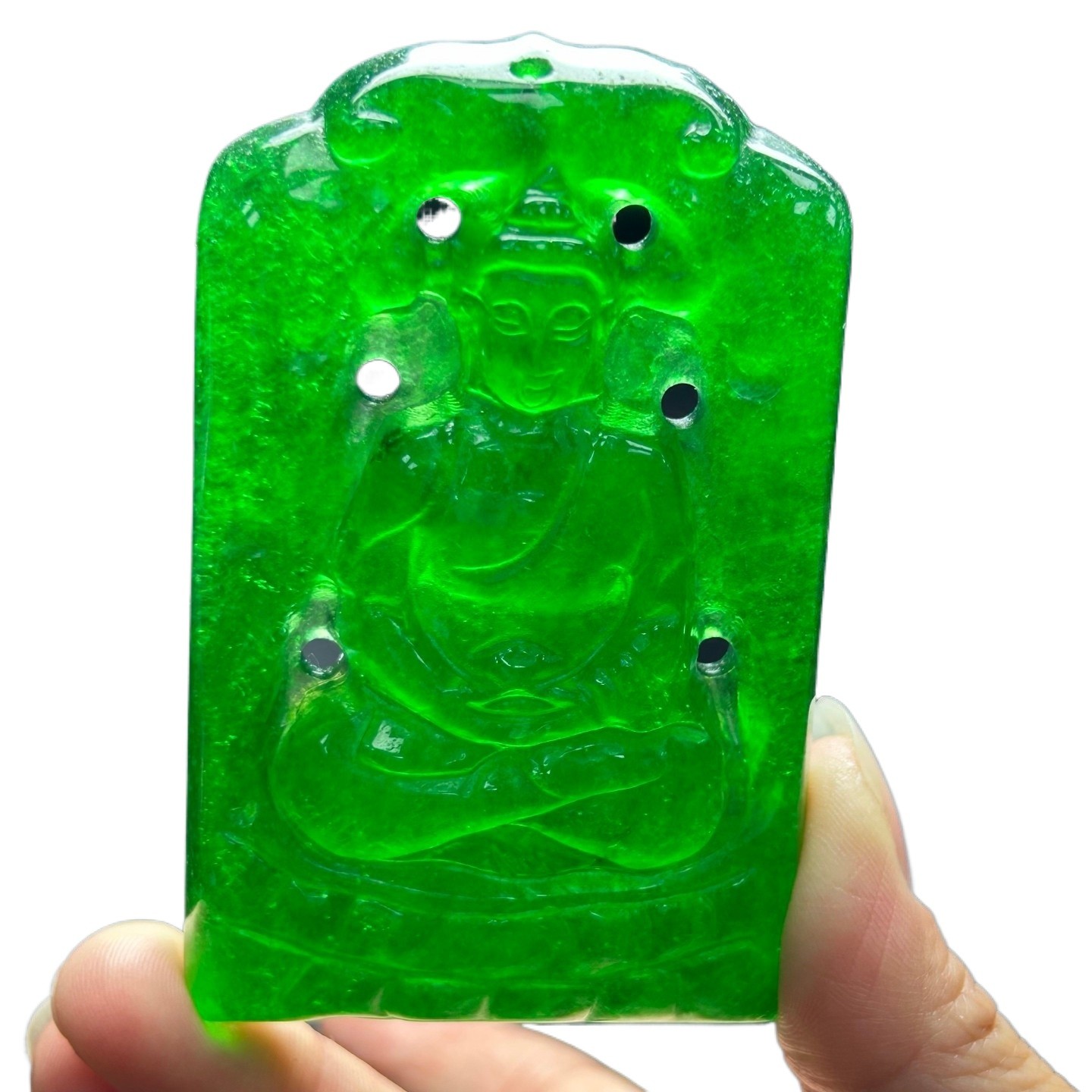 Natural Ice Green Burmese Jadeite Hand Carved Buddha Lucky Pendant Necklace