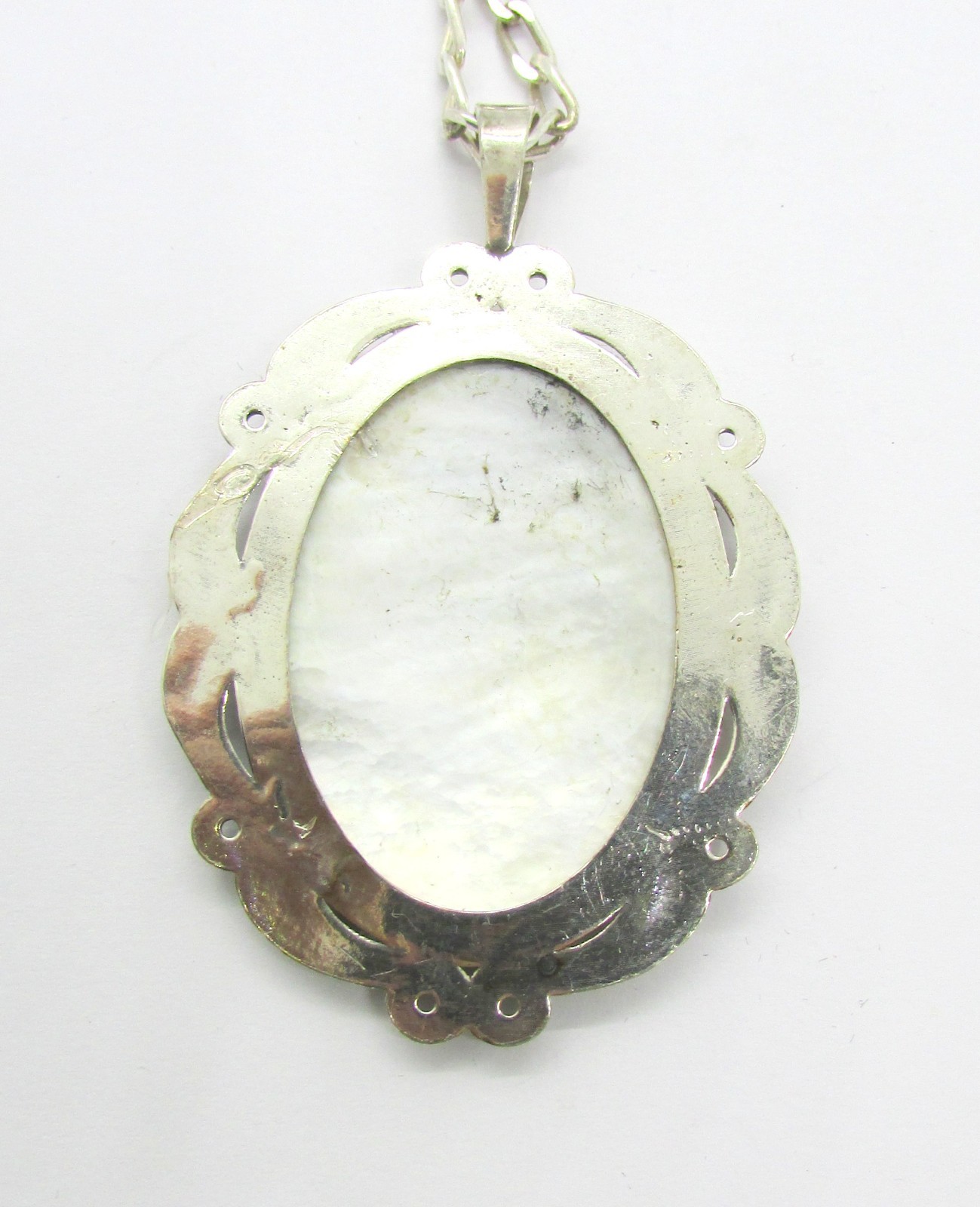 925 STERLING SILVER MOTHER OF PEARL CAMEO 61X40MM PENDANT 16″ NECKLACE ~ 26.7 G