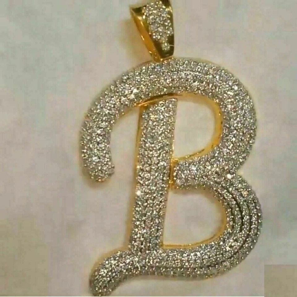 3Ct Round Moissanite Custom Letter “B” Charm Pendant Real 10K Yellow Gold