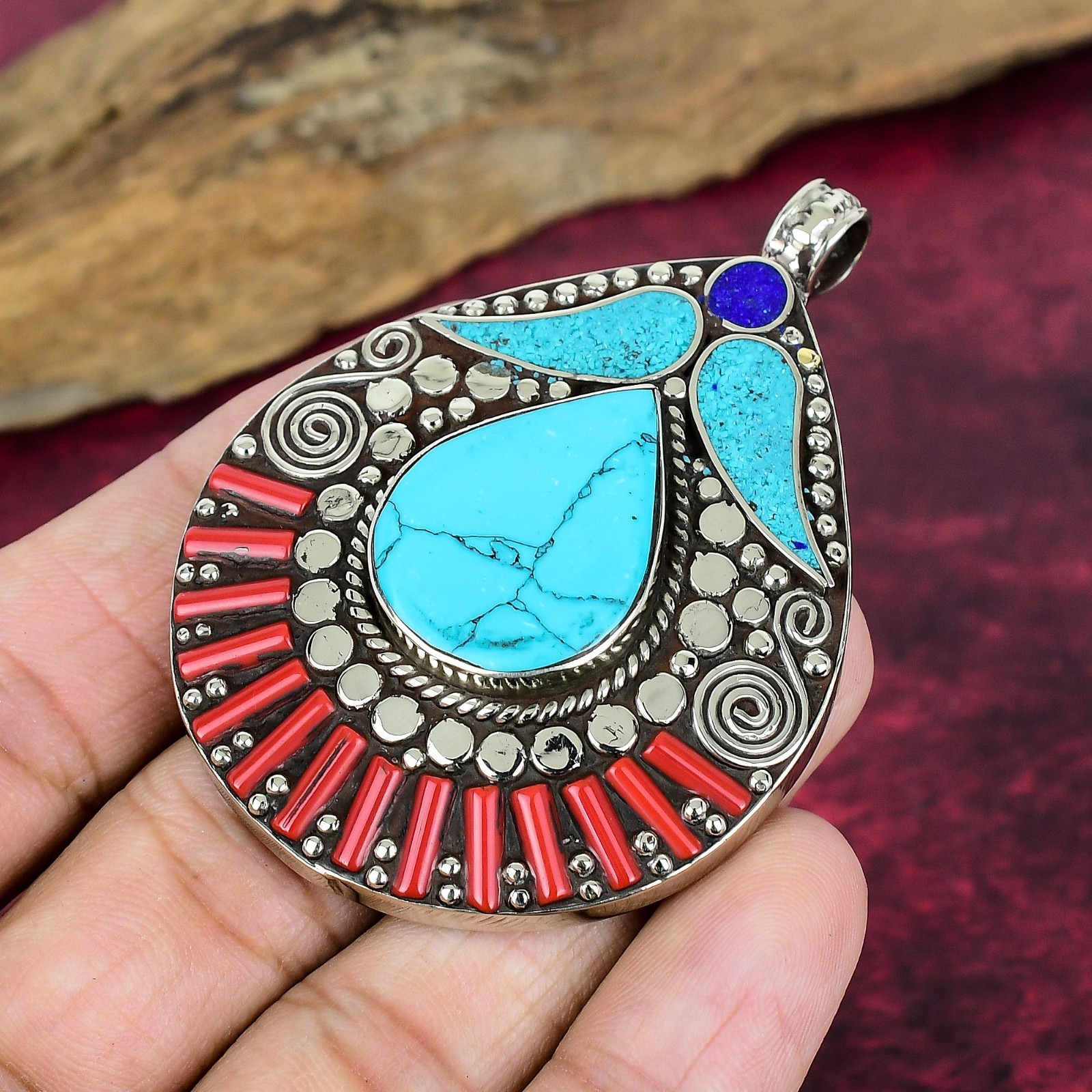 Turquoise, Coral Gemstone Handmade Jewelry 925 Sterling Silver Nepali Pendant