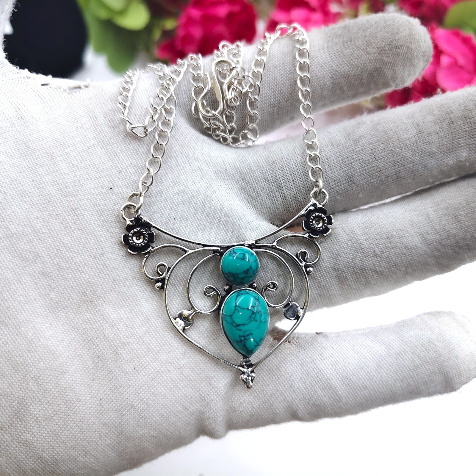 Blue Turquoise Gemstone Handmade 925 Sterling Silver Jewelry Necklace Sz-17-18″