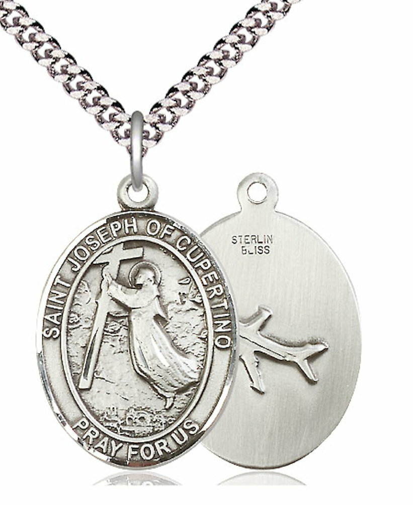 St. Joseph of Cupertino Medal 1″ Sterling Silver, 24″ Rhodium Plate Clasp Chain