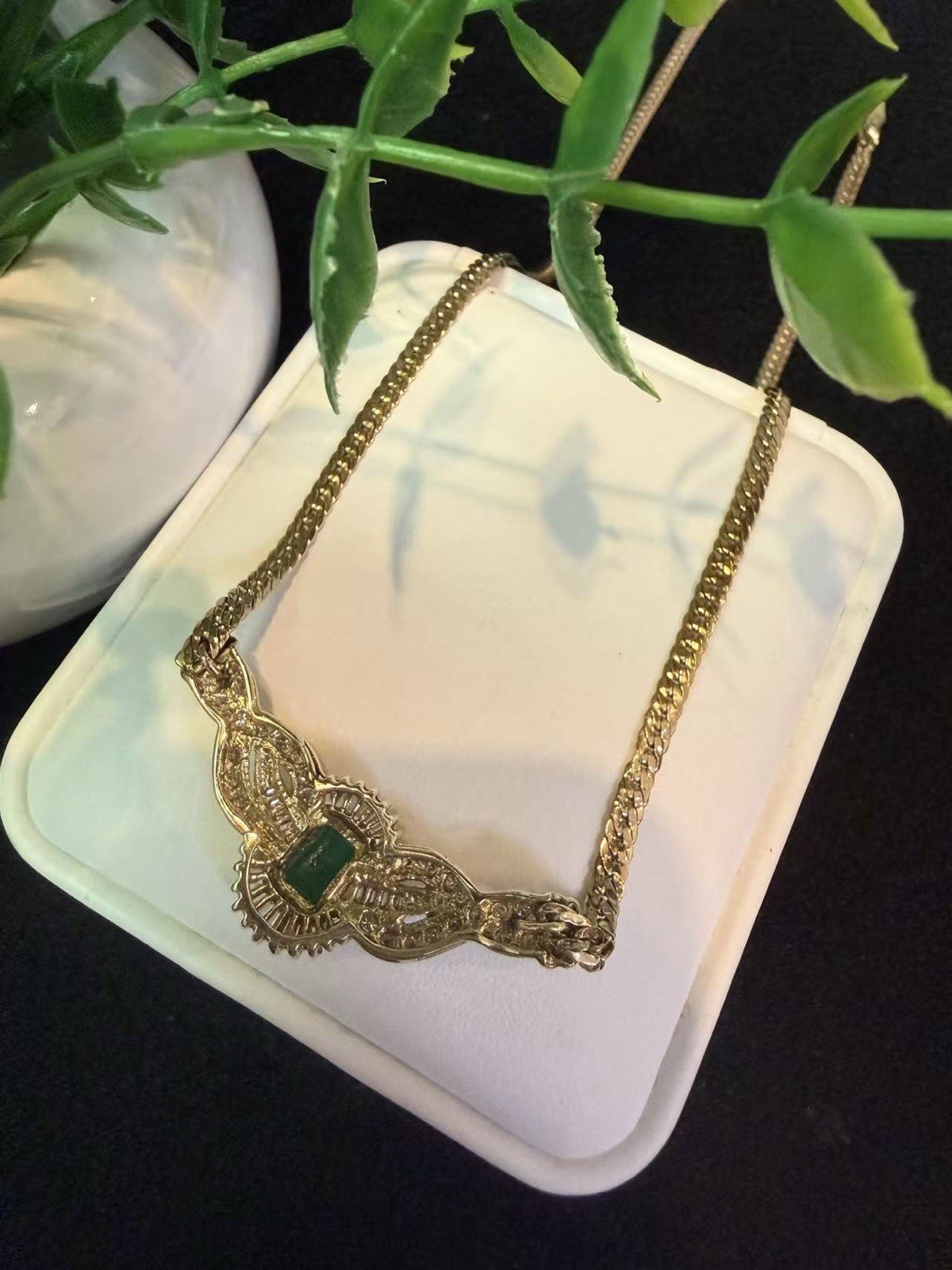 14K Yellow Gold Emerald Diamond Tennis Necklace Vintage Solid Chain