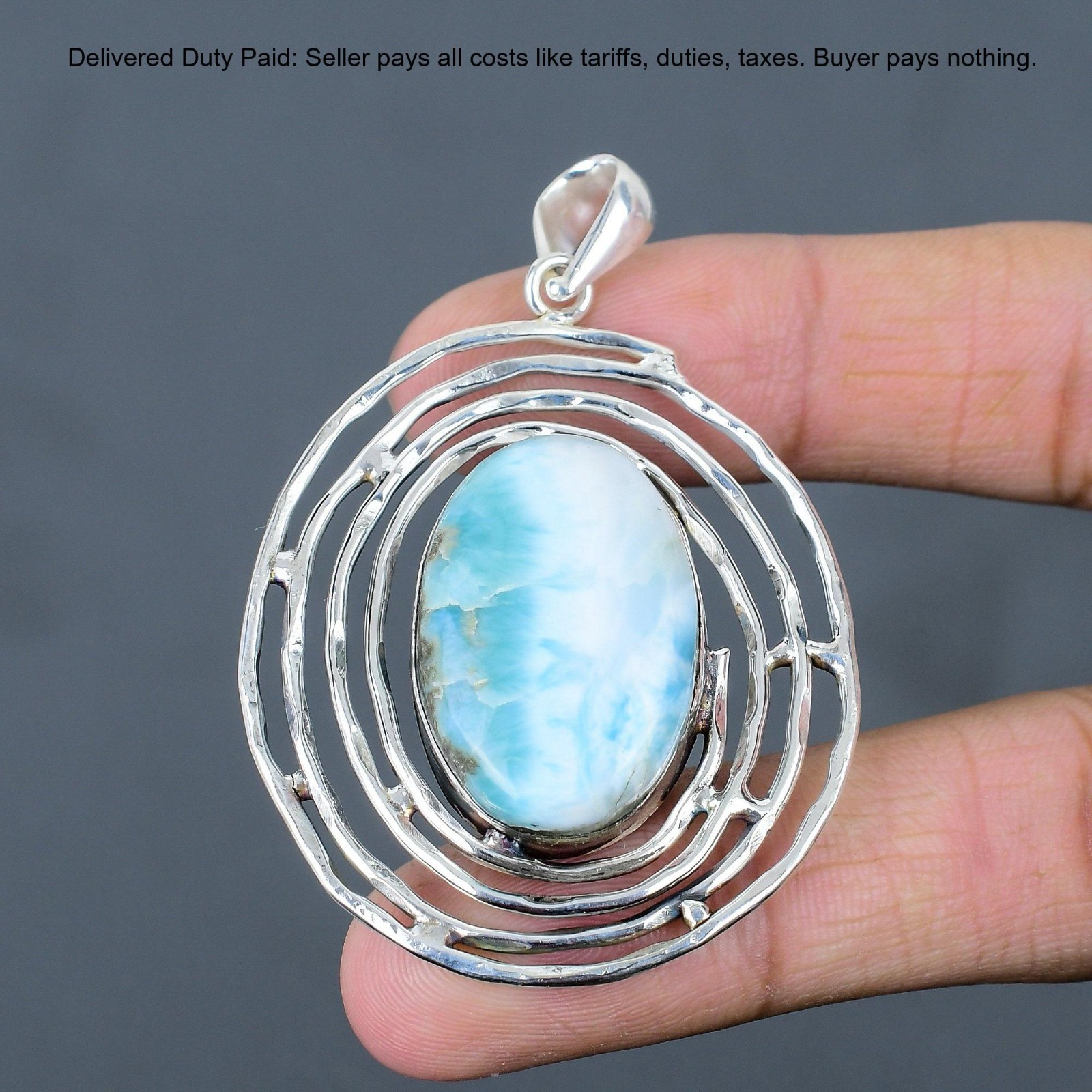 925 Sterling Silver Oval Larimar Gemstone Throat Chakra Birthday Sister Pendant