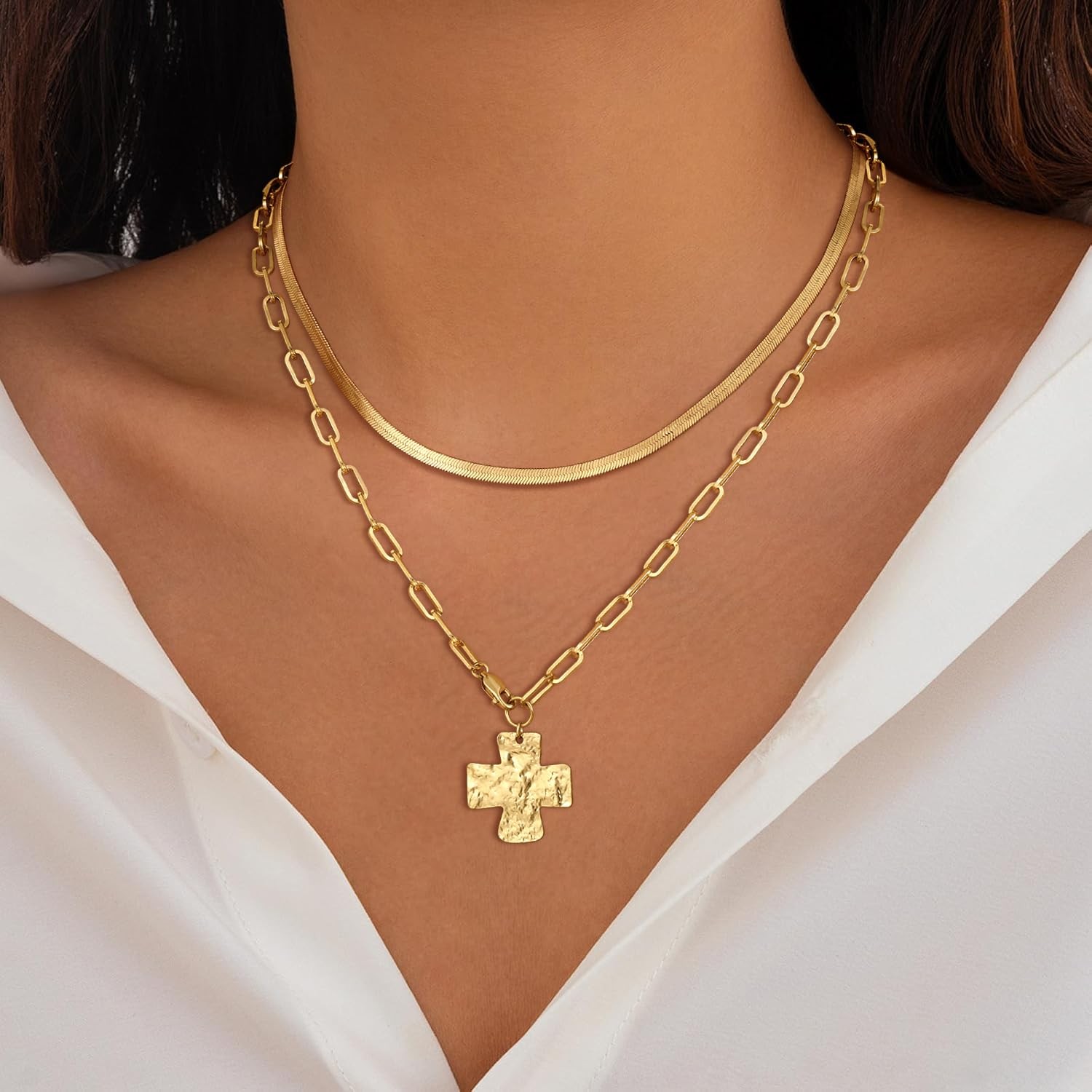 Chunky Cross Necklace for Women Trendy Gold Layered Statement Cross Pendant C…