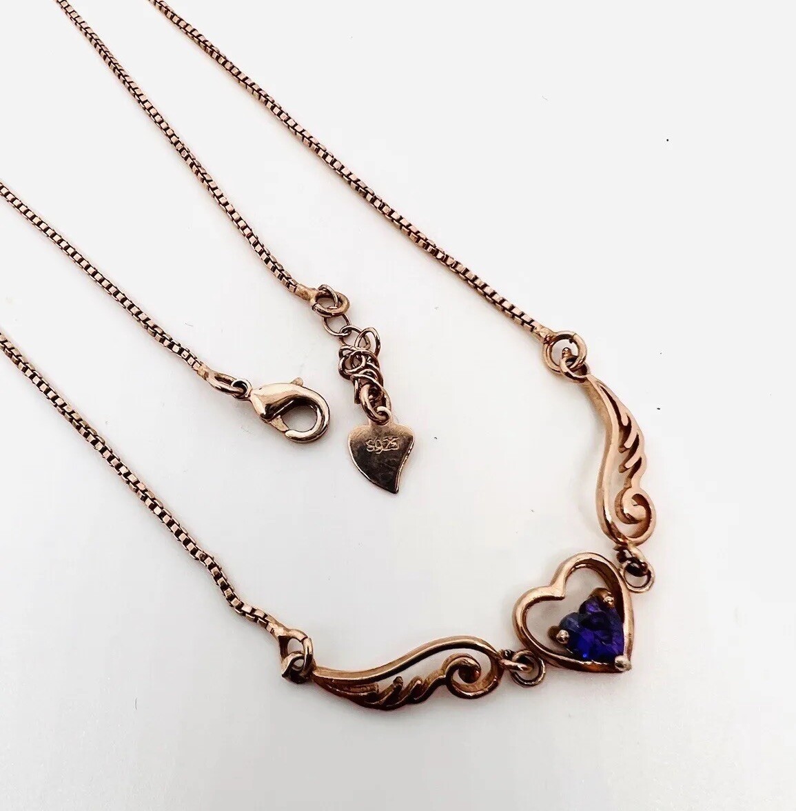 Sterling Silver Rose Gold Vermeil Amethyst Heart & Wings Necklace 18 Inch