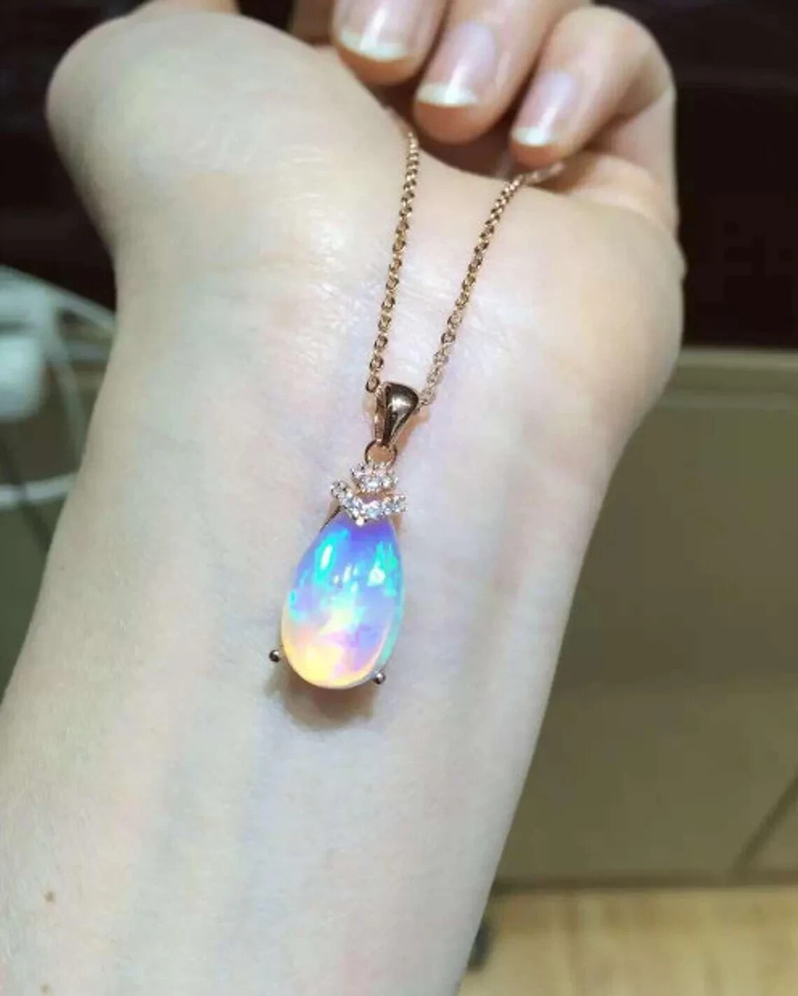 14K Rose Gold Plated 3Ct Pear Cut Natural Fire Opal Pendant Teardrop Necklace