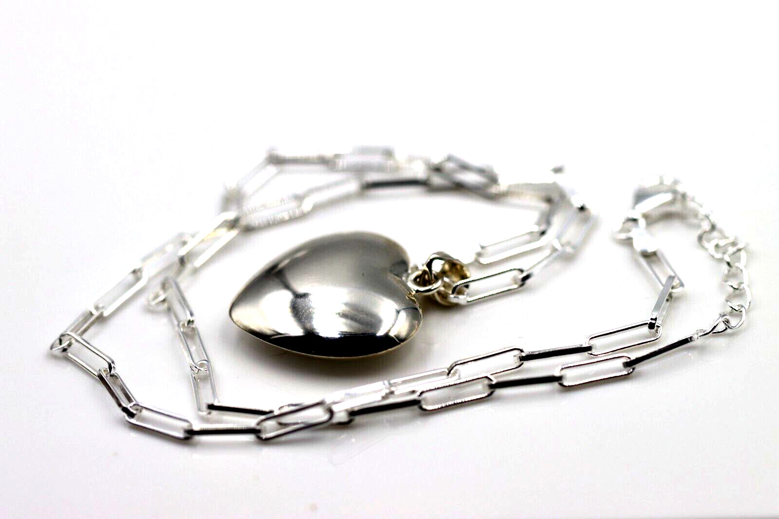Sterling Silver 925 Paperclip 70cm Necklace + Puffy Heart Pendant -Free Post