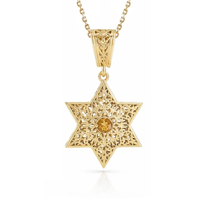 Star of David Filigree Pendant with Garnet or Citrine â€“ Optional Chain