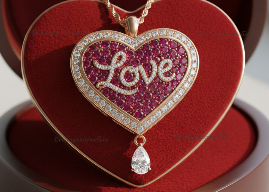 2CT Round Cut Lab-Created Ruby & Diamond Heart Valentine Pendant 14k Gold Plated