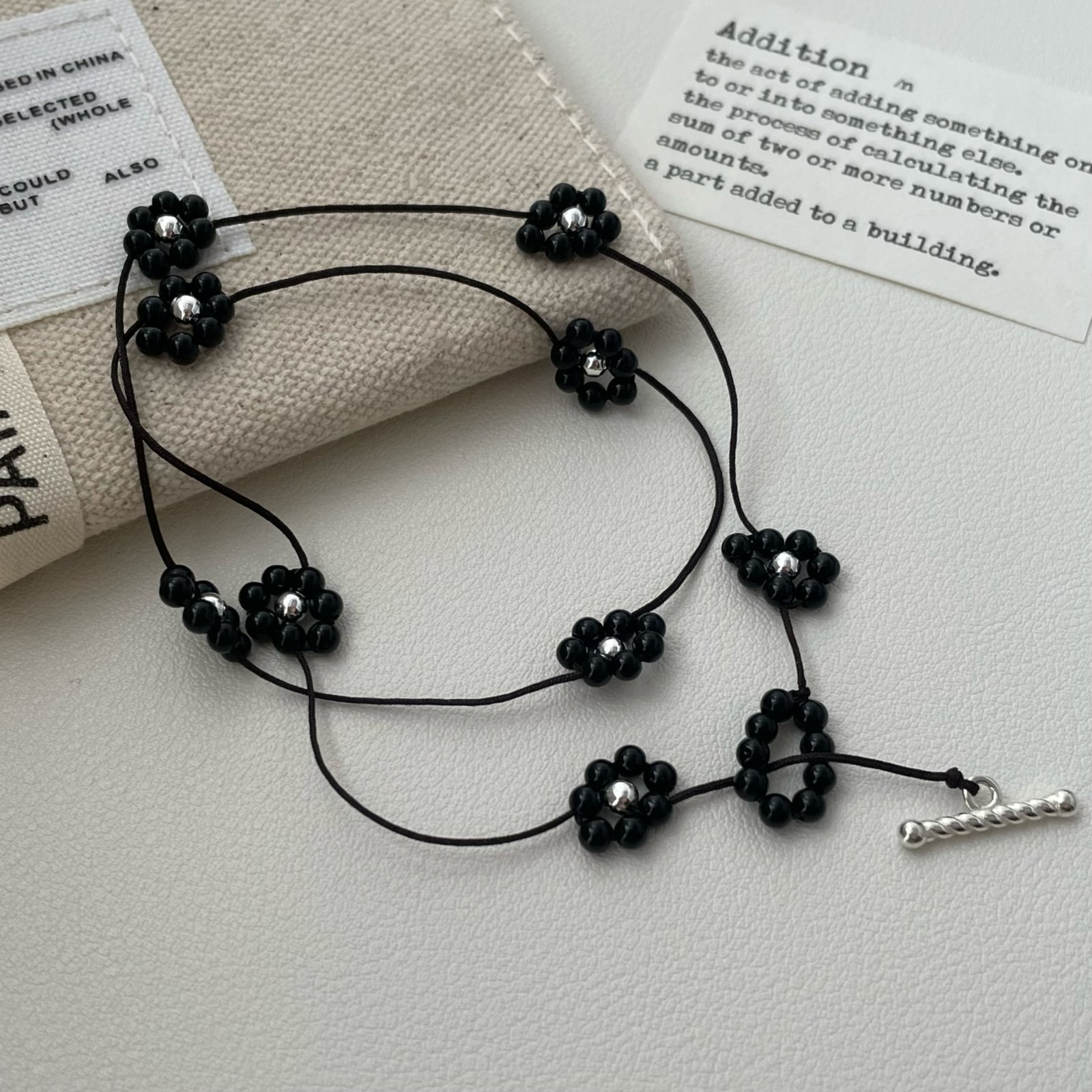 Dainty Black Flower Beaded Choker Necklace S925 Silver Minimalist Korean Jewelry