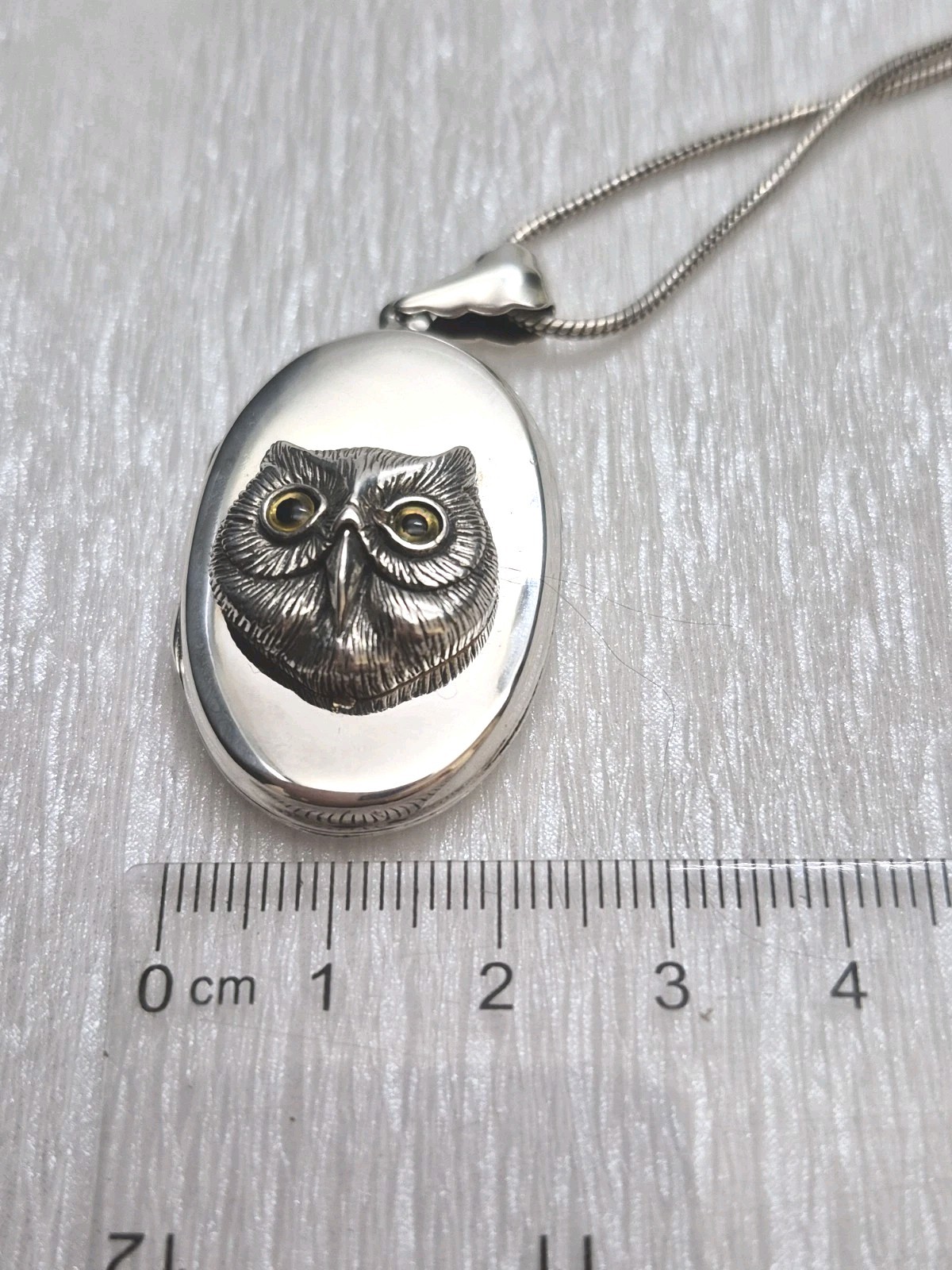 LOCKET – Sterling Silver Oval Photo Locket. Owl Design. Pendant and Chain.