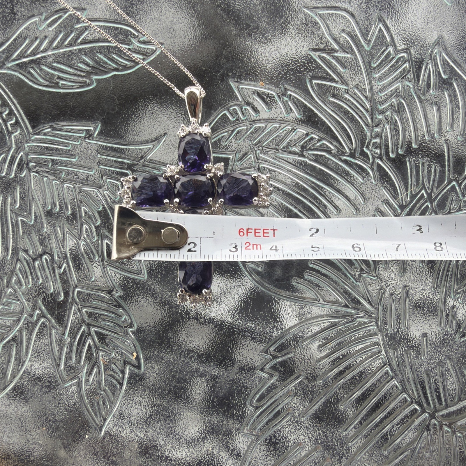 Amerthyst CZ Cross 2.25” Pendant Sterling Silver 925 Mount And 18” Chain 20g