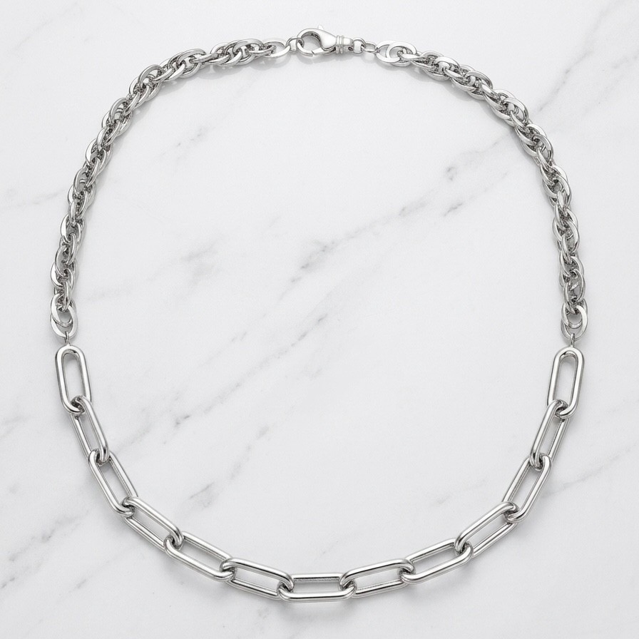 925 Sterling Silver Mixed Paperclip Oval Rope Link Chain Necklace Rhodium Finish