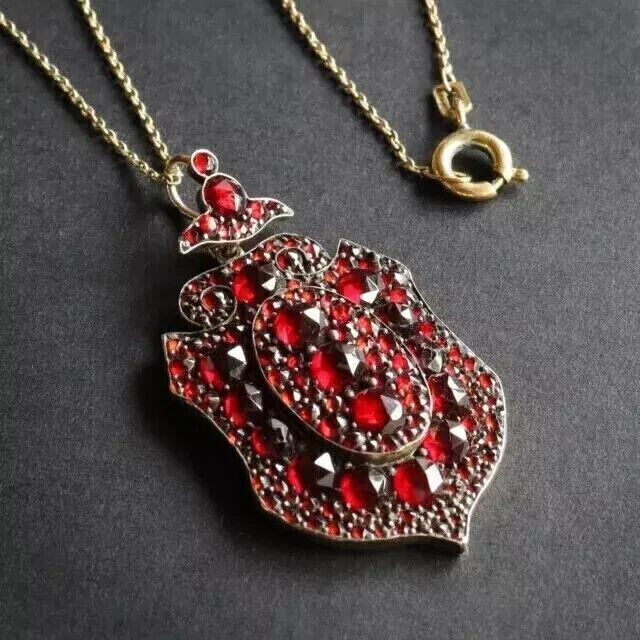 14K Yellow Gold Plated Round Lab Created Garnet Antique Bohemian Shield Pendant